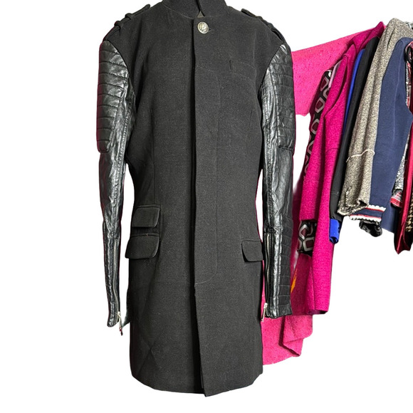 Philipp Plein Homme Men’s Black Wool Winter Coat Featuring 100% Leather Sleeves - Picture 16 of 16